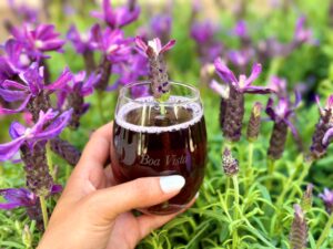 Hand holding Lavender drink in front of lavender