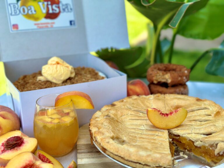 Assorted peach pastries and drink