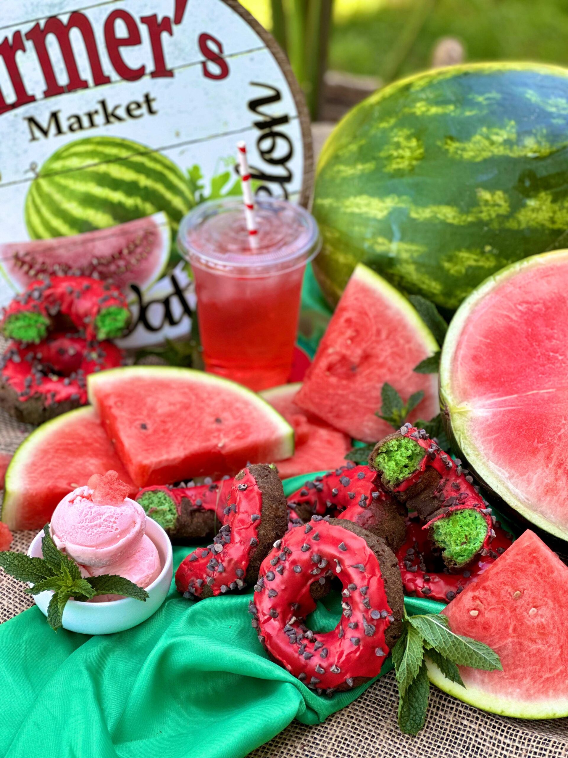 Assorted watermelon pastries, drinks and slices