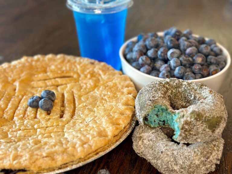Blueberry pie, donuts, lemonade by bowl of fresh blueberries