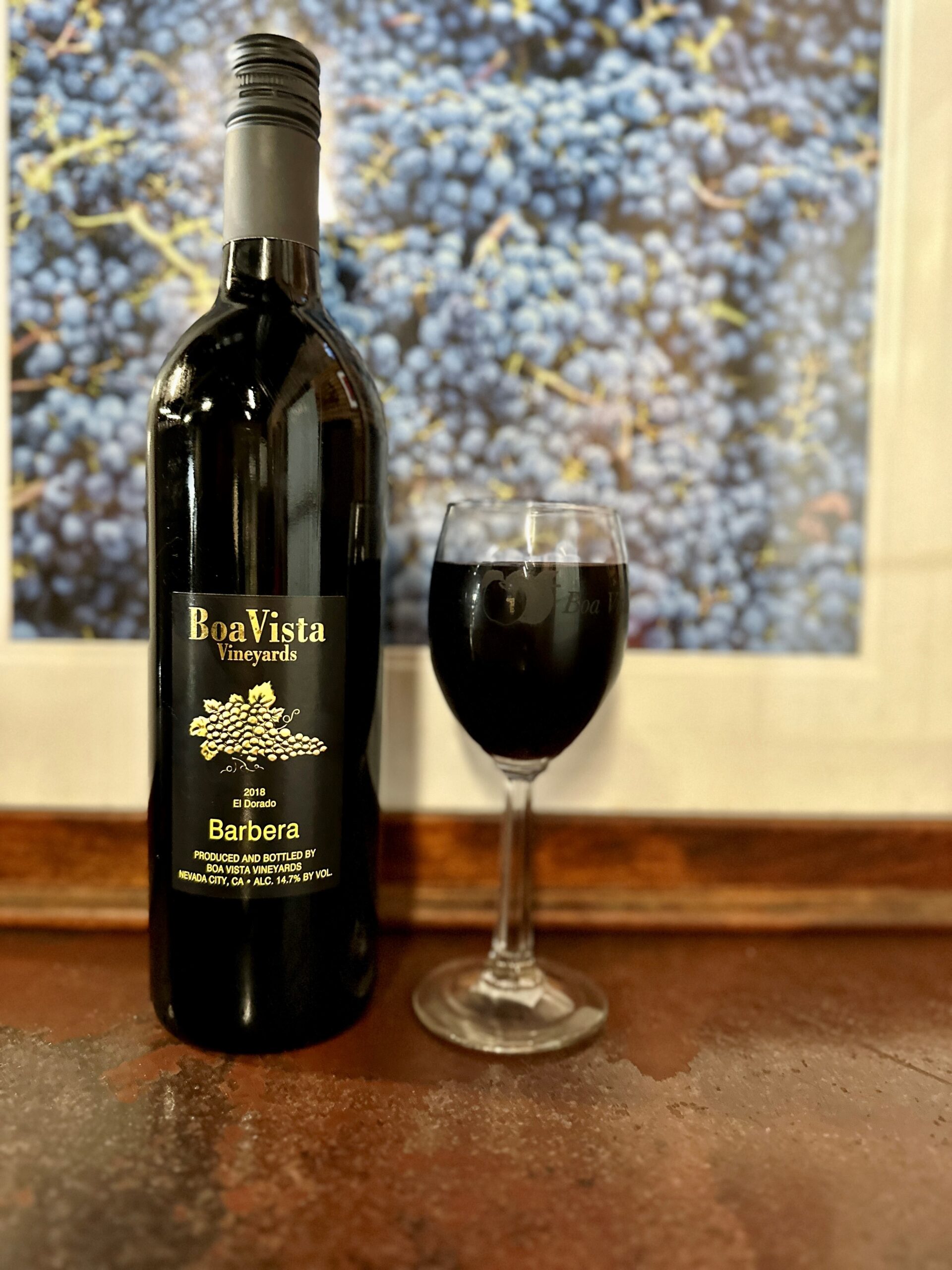 Boa Vista Barbera wine bottle and glass