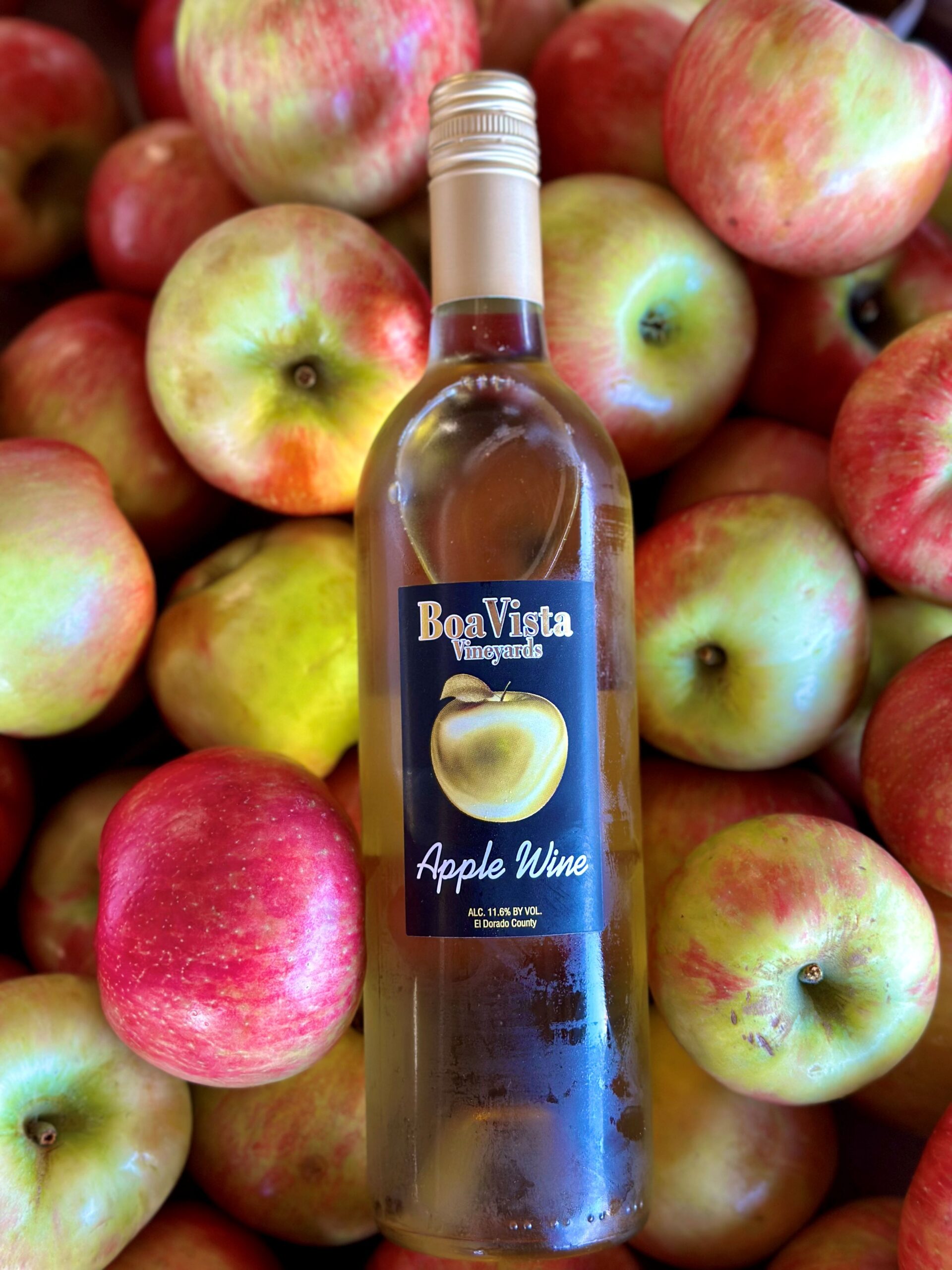 Bottle of Boa Vista wine on top of apples