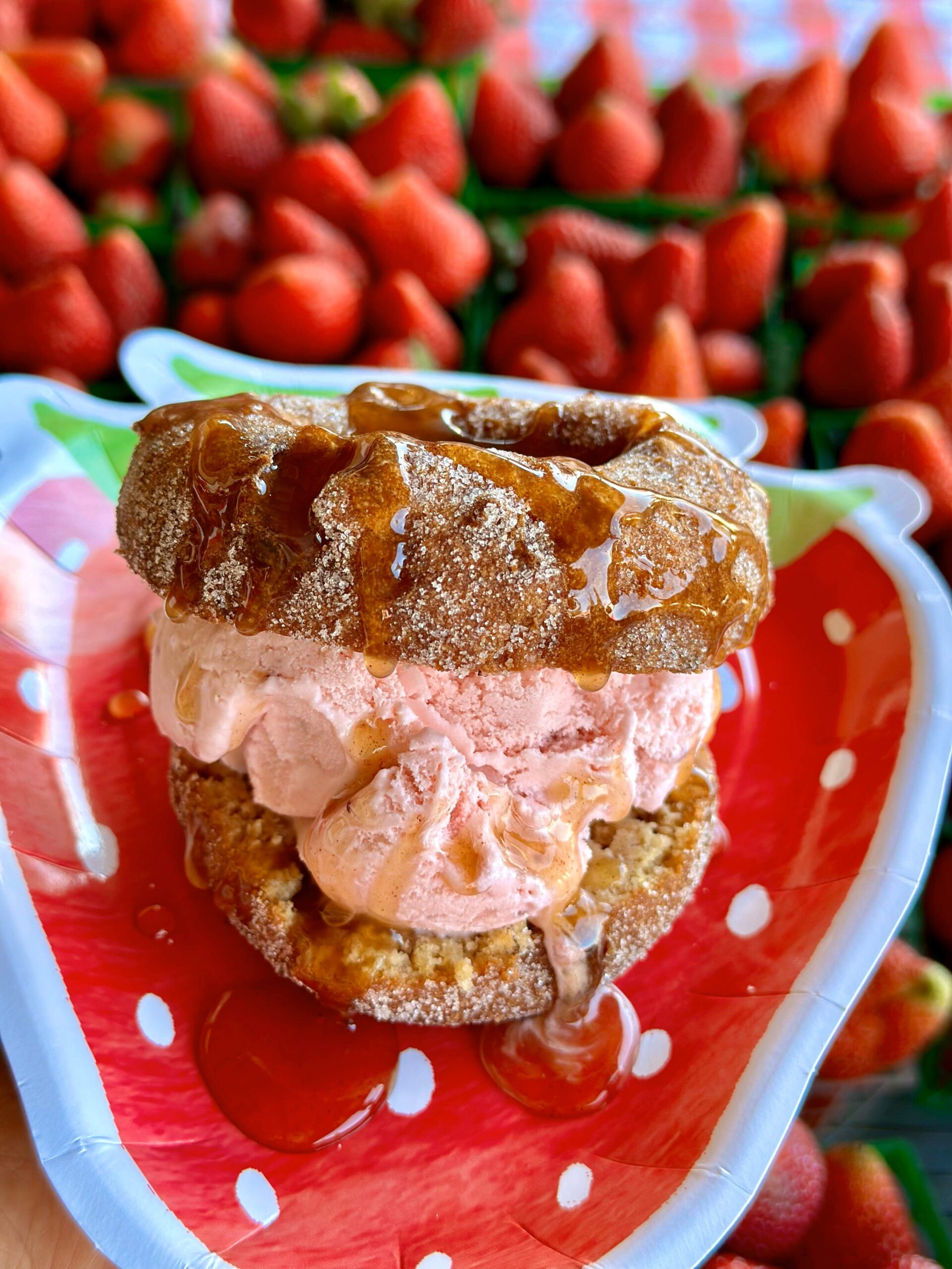 A strawberry ice cream sandwich